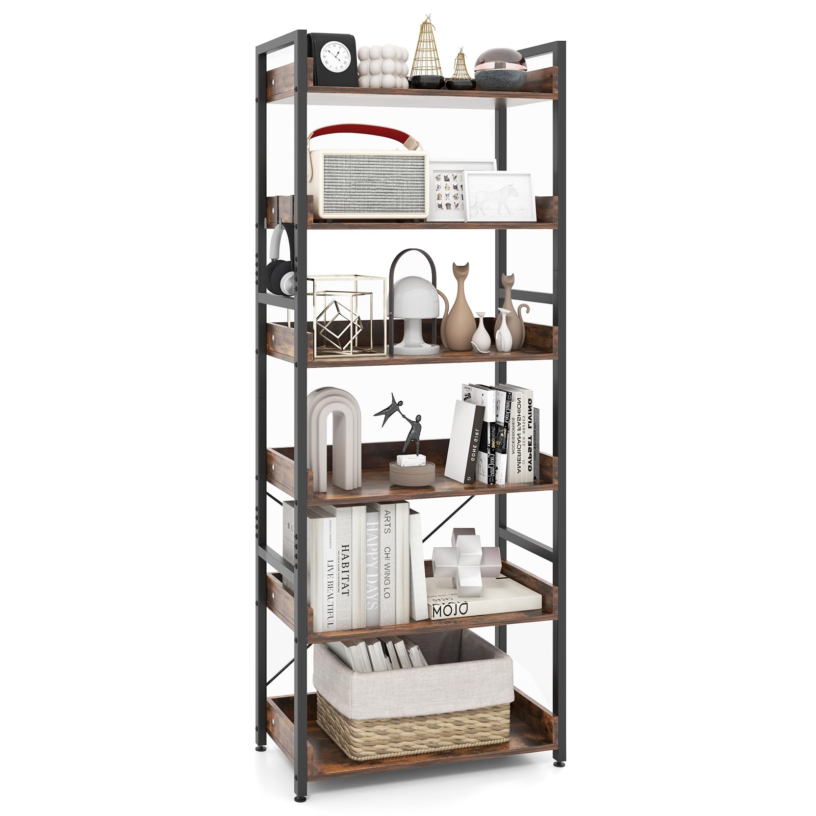 Tangkula Bibliothèque à 6 niveaux, étagère industrielle de 178 cm avec étagères ouvertes et 4 crochets